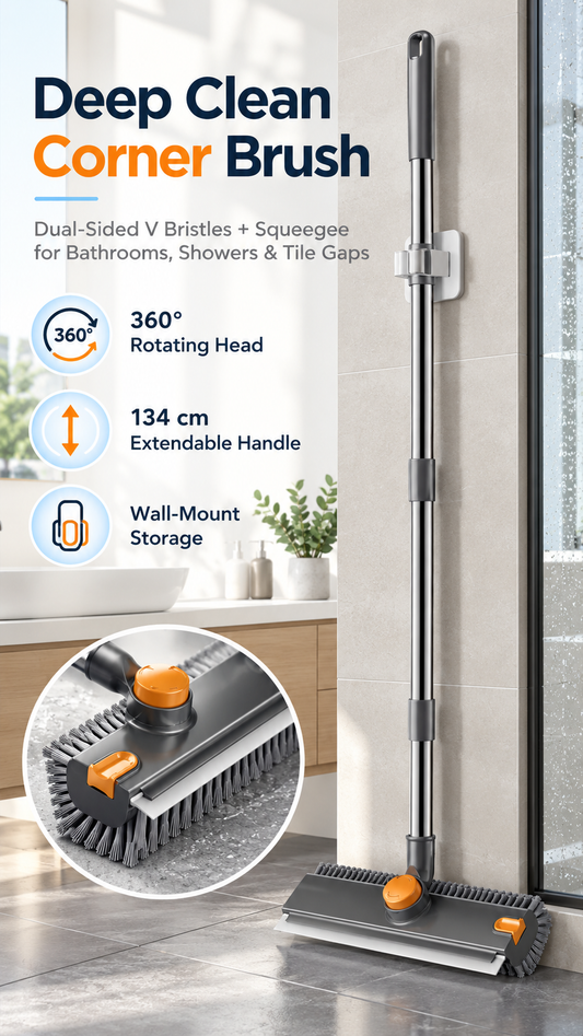 4-in-1 Bathroom Scrub Brush with Squeegee, 134cm Extendable Telescopic Handle, 360° Rotating V-Shape Bristle Grout Cleaner for Shower, Tile Floor, Glass & Corners