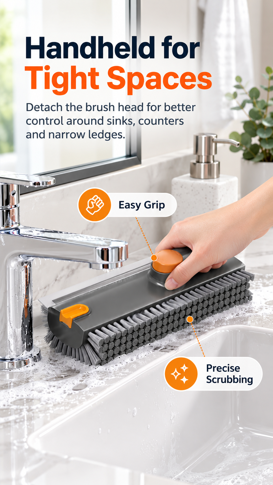 4-in-1 Bathroom Scrub Brush with Squeegee, 134cm Extendable Telescopic Handle, 360° Rotating V-Shape Bristle Grout Cleaner for Shower, Tile Floor, Glass & Corners