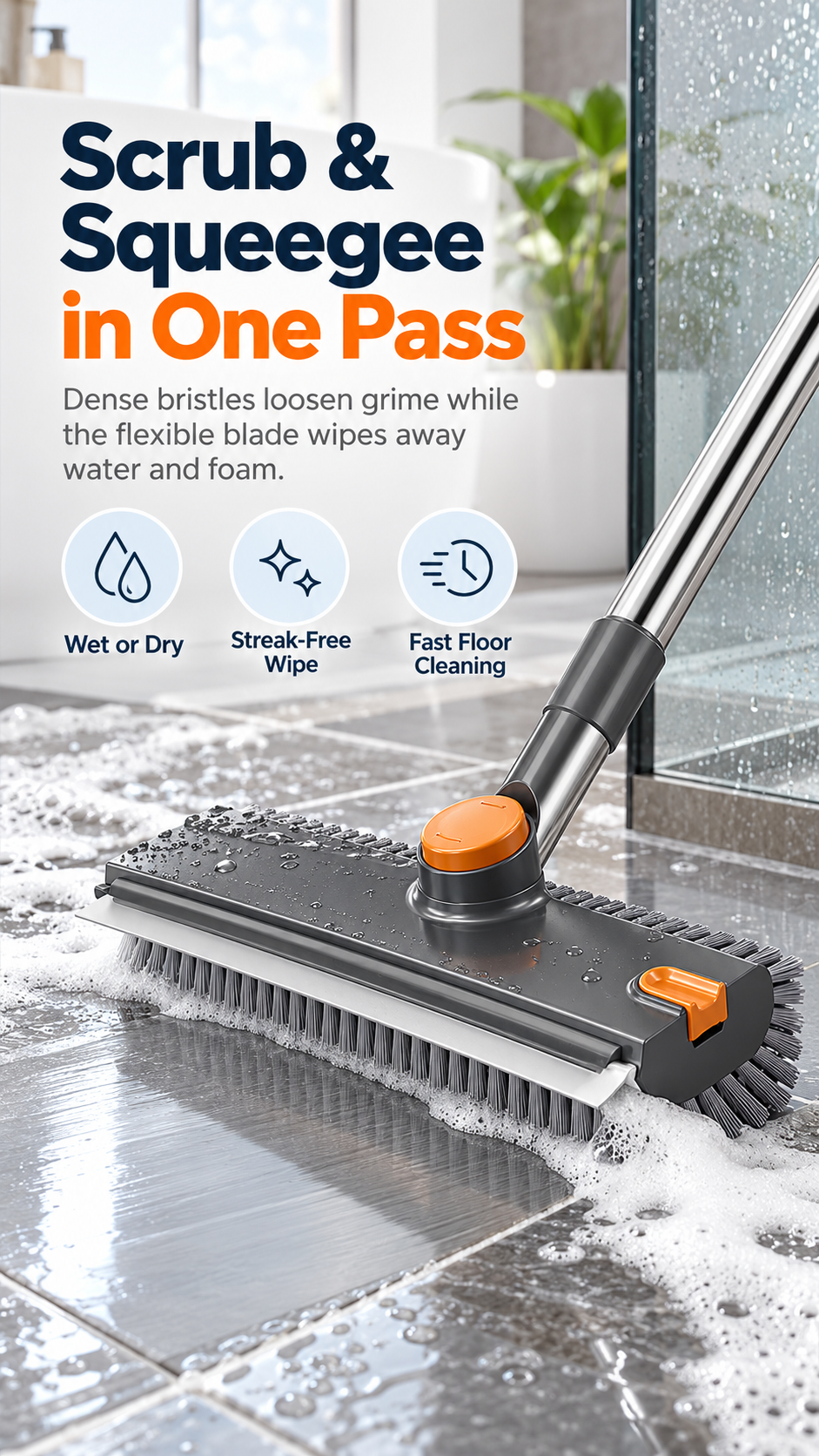 4-in-1 Bathroom Scrub Brush with Squeegee, 134cm Extendable Telescopic Handle, 360° Rotating V-Shape Bristle Grout Cleaner for Shower, Tile Floor, Glass & Corners