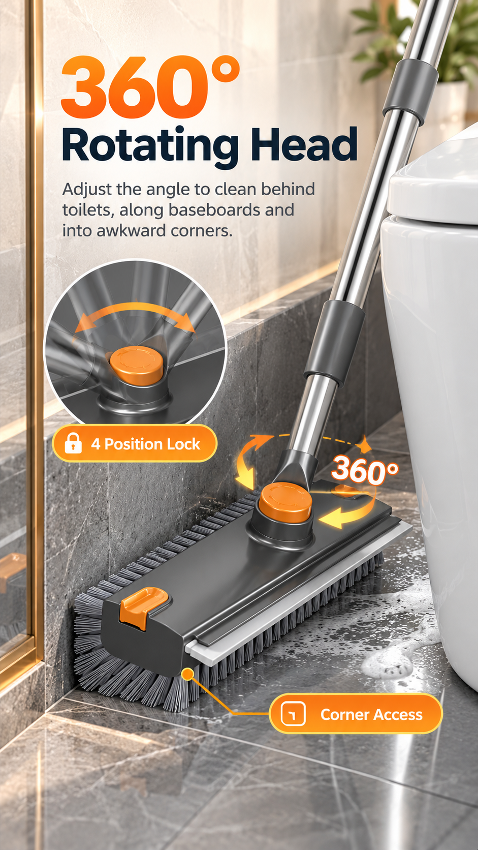 4-in-1 Bathroom Scrub Brush with Squeegee, 134cm Extendable Telescopic Handle, 360° Rotating V-Shape Bristle Grout Cleaner for Shower, Tile Floor, Glass & Corners