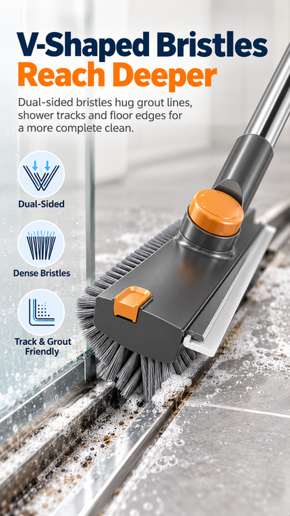 4-in-1 Bathroom Scrub Brush with Squeegee, 134cm Extendable Telescopic Handle, 360° Rotating V-Shape Bristle Grout Cleaner for Shower, Tile Floor, Glass & Corners