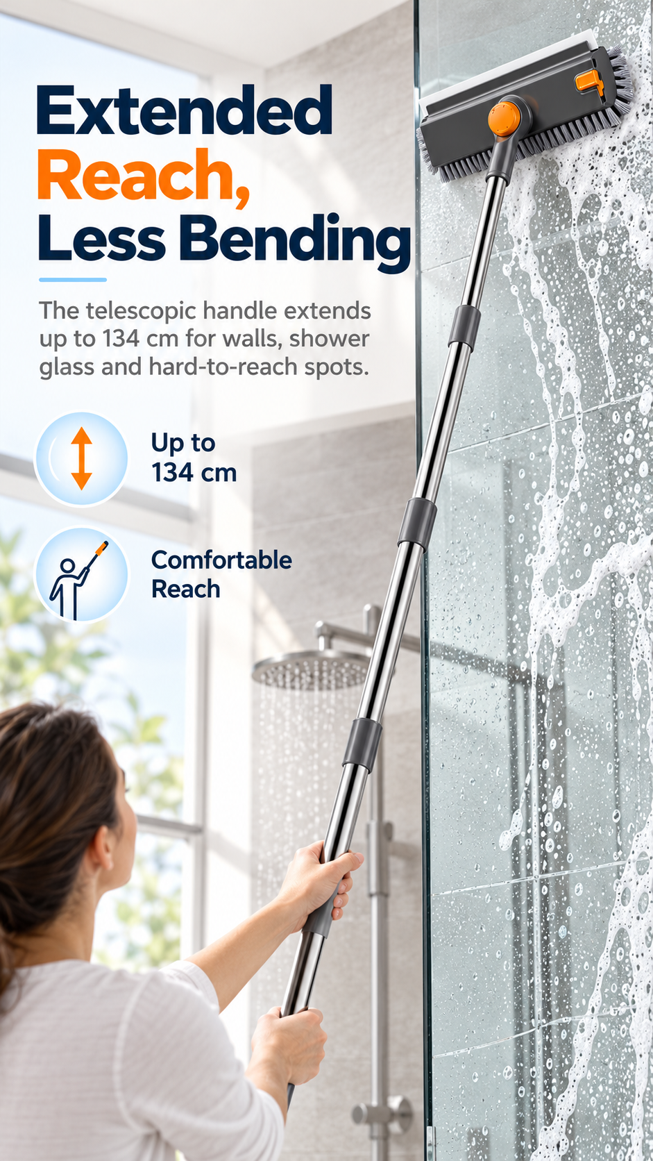 4-in-1 Bathroom Scrub Brush with Squeegee, 134cm Extendable Telescopic Handle, 360° Rotating V-Shape Bristle Grout Cleaner for Shower, Tile Floor, Glass & Corners
