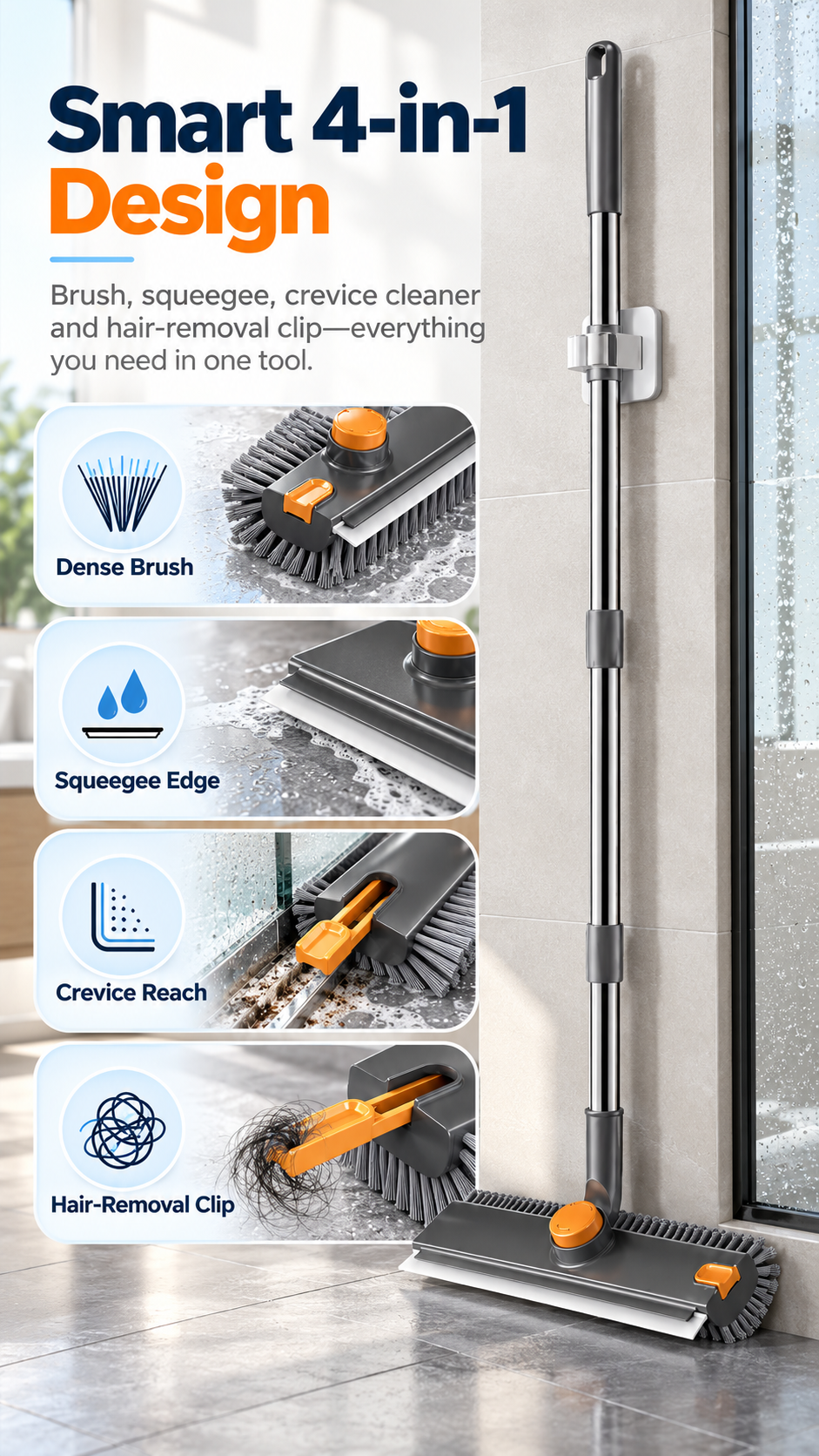 4-in-1 Bathroom Scrub Brush with Squeegee, 134cm Extendable Telescopic Handle, 360° Rotating V-Shape Bristle Grout Cleaner for Shower, Tile Floor, Glass & Corners
