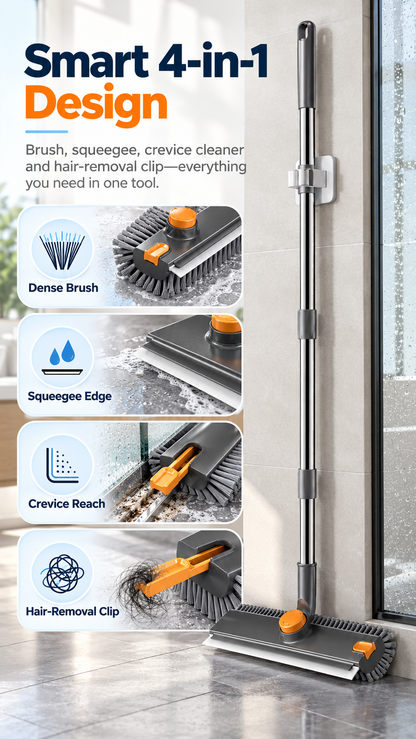 4-in-1 Bathroom Scrub Brush with Squeegee, 134cm Extendable Telescopic Handle, 360° Rotating V-Shape Bristle Grout Cleaner for Shower, Tile Floor, Glass & Corners