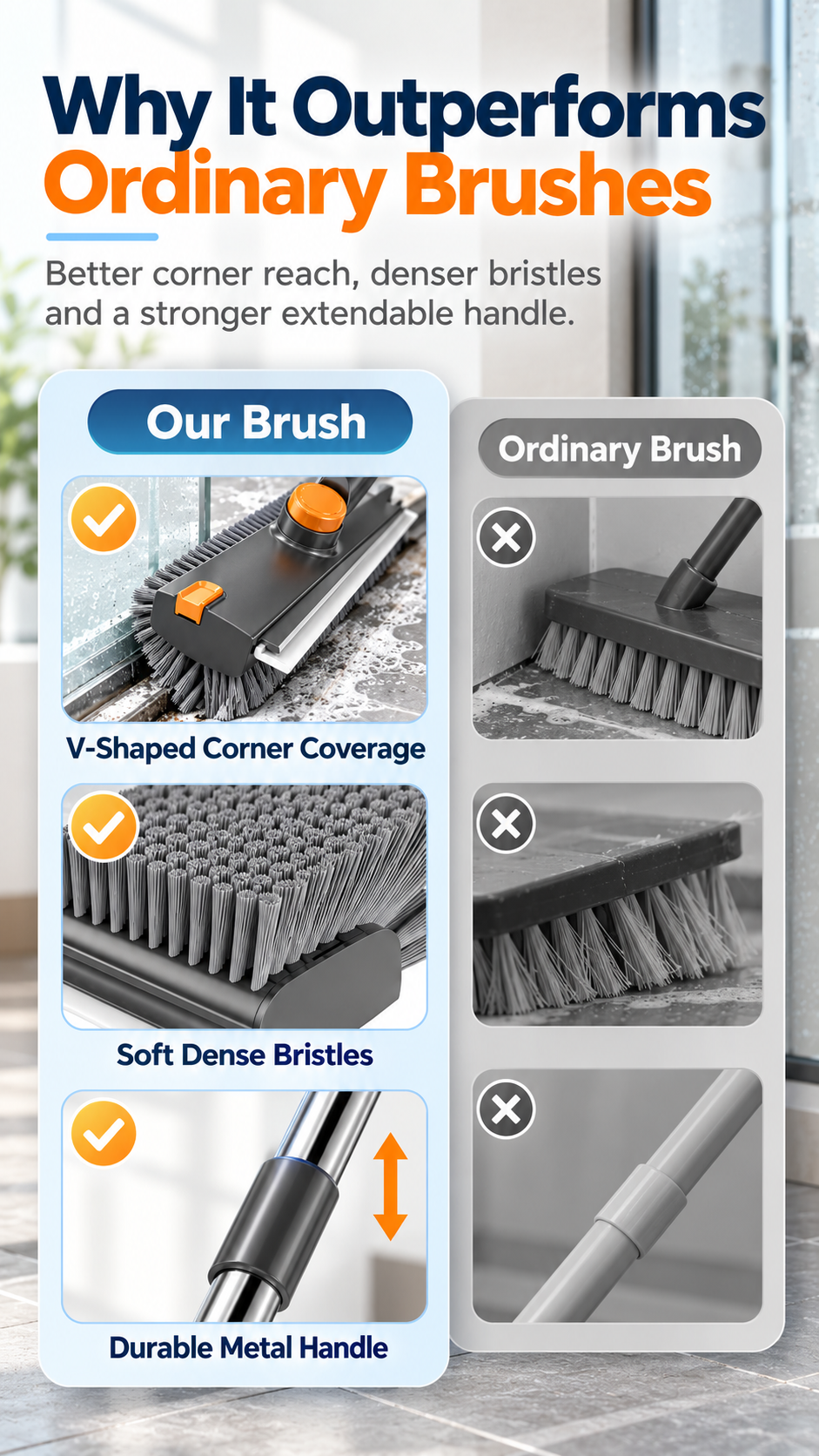 4-in-1 Bathroom Scrub Brush with Squeegee, 134cm Extendable Telescopic Handle, 360° Rotating V-Shape Bristle Grout Cleaner for Shower, Tile Floor, Glass & Corners