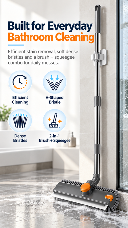 4-in-1 Bathroom Scrub Brush with Squeegee, 134cm Extendable Telescopic Handle, 360° Rotating V-Shape Bristle Grout Cleaner for Shower, Tile Floor, Glass & Corners