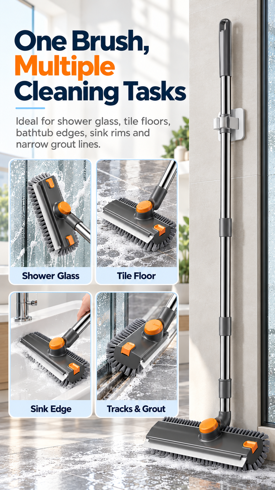 4-in-1 Bathroom Scrub Brush with Squeegee, 134cm Extendable Telescopic Handle, 360° Rotating V-Shape Bristle Grout Cleaner for Shower, Tile Floor, Glass & Corners
