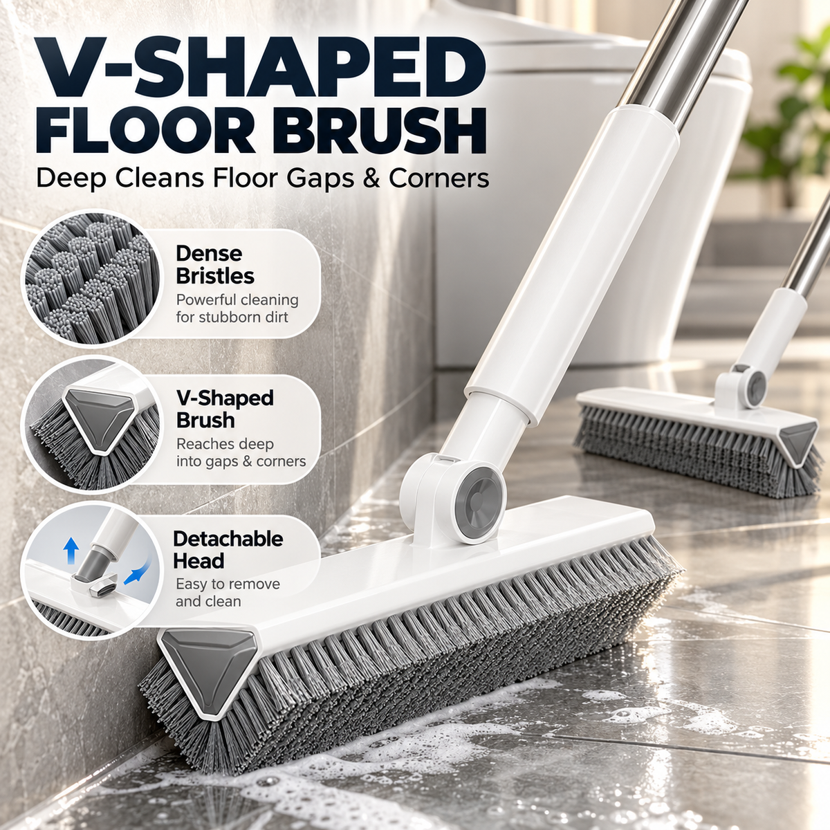4-in-1 Bathroom Scrub Brush with Squeegee, 134cm Extendable Telescopic Handle, 360° Rotating V-Shape Bristle Grout Cleaner for Shower, Tile Floor, Glass & Corners