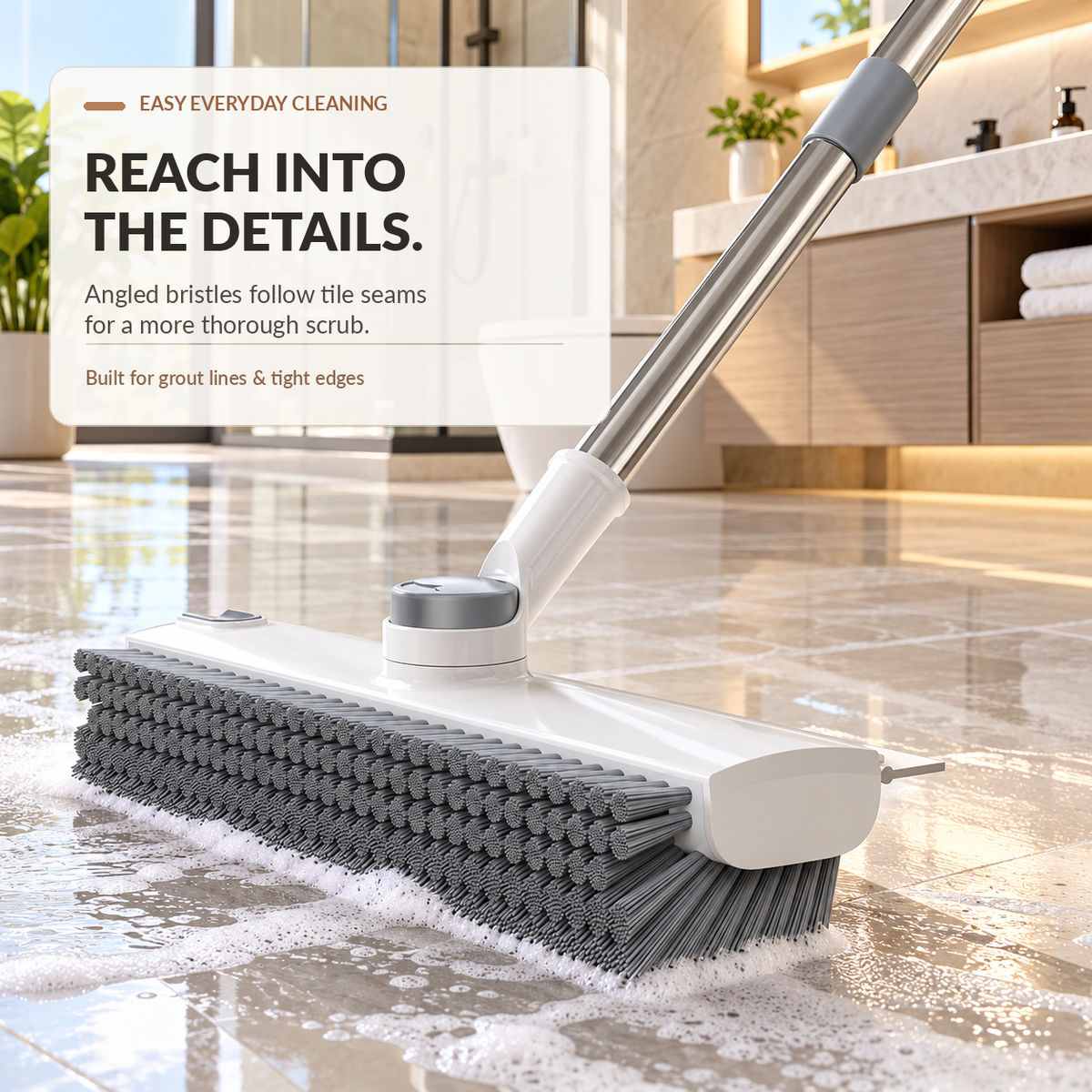 4-in-1 Bathroom Scrub Brush with Squeegee, 134cm Extendable Telescopic Handle, 360° Rotating V-Shape Bristle Grout Cleaner for Shower, Tile Floor, Glass & Corners